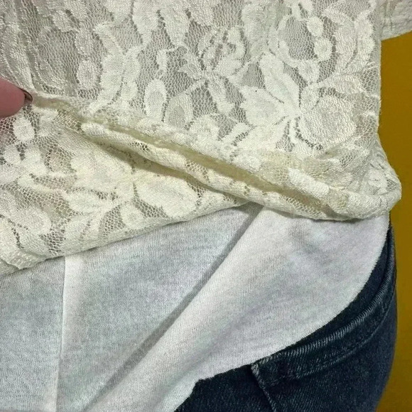 American Eagle Outfitters Ivory Lace 3/4 Sleeve V-Neck Babydoll Blouse - Picture 7 of 12